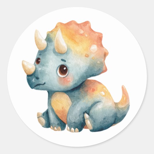 かわいい水彩画のトリケラトプスの恐竜イラスト ラウンドシール (正面)