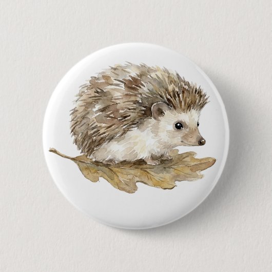 かわいい水彩画のハリネズミ 森の動物ボタン 缶バッジ (正面)