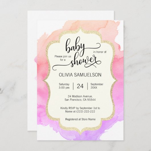 かわいい水彩画のピンクのモモの紫色の女の子のベビーシャワー 招待状 (正面/裏面)
