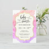 かわいい水彩画のピンクのモモの紫色の女の子のベビーシャワー 招待状 (スタンド正面)