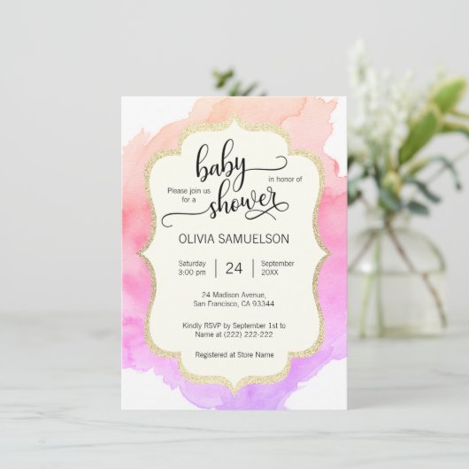 かわいい水彩画のピンクのモモの紫色の女の子のベビーシャワー 招待状 (スタンド正面)