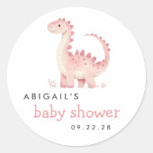 かわいい水彩画のピンクの恐竜の女の子のベビーシャワー ラウンドシール (正面)