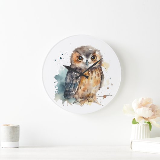 かわいい水彩画のフクロウ ラージ壁時計 (ホーム)