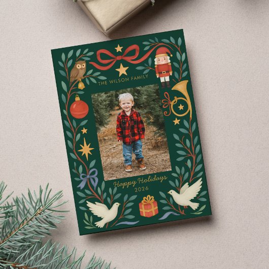 かわいい水彩画のホリデー フォト カード |