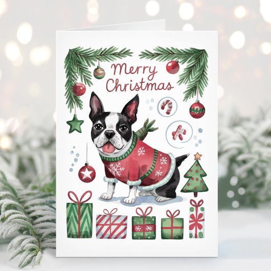 かわいい水彩画のボストンテリアクリスマスカード シーズンカード