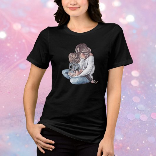 かわいい水彩画のママの膝の上の女の子 トライブレンドＴシャツ