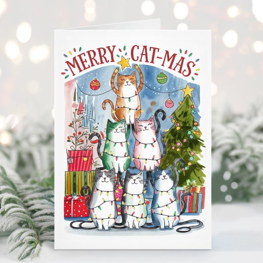 かわいい水彩画のメリーキャットマスの猫のクリスマスカード シーズンカード