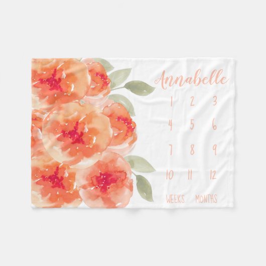 かわいい水彩画のモモのシャクヤクのベビーのマイル標石 フリースブランケット (正面(横))