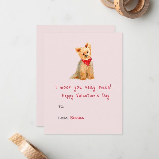 かわいい水彩画のヨーキ―犬 バレンタインデー ノートカード (正面/裏面インサイチュ)