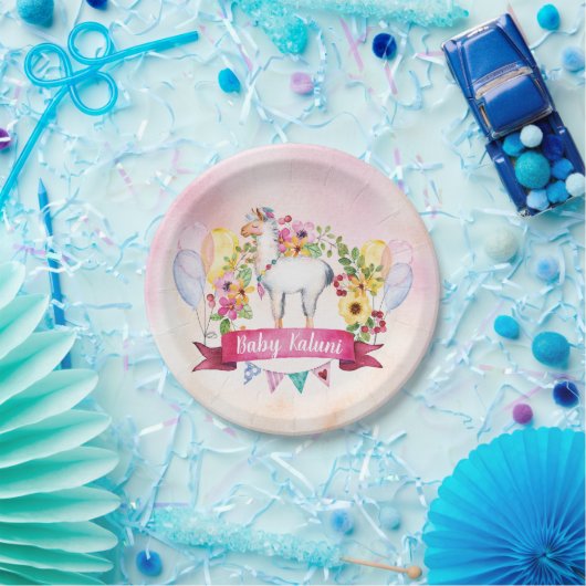 かわいい水彩画のラマの花のフェスタのシャワーのプレート ペーパープレート (パーティー)