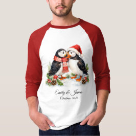 かわいい水彩画の冬のツノメドリのクリスマススロー Tシャツ