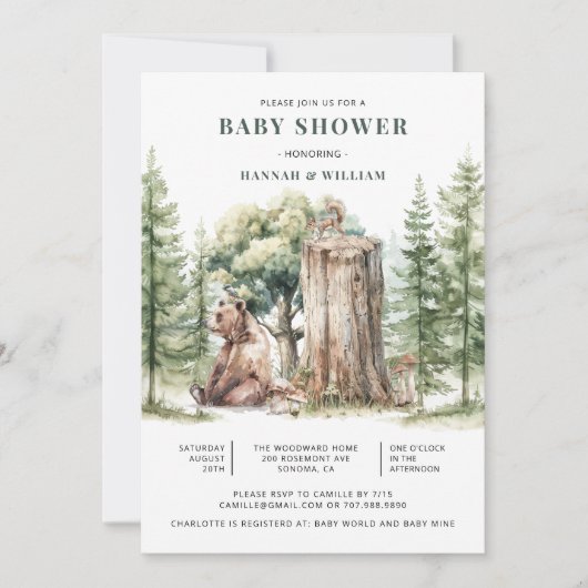 かわいい水彩画の森のクマのジャングル ベイビーシャワー 招待状 (正面)