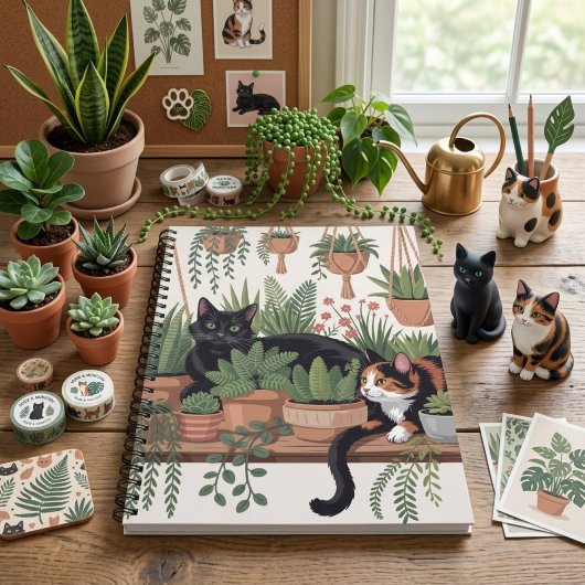 かわいい水彩画の植物と猫 ノートブック