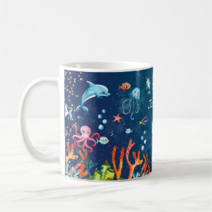 かわいい水彩画の海の世界 オーダーメイドの青い色 コーヒーマグカップ