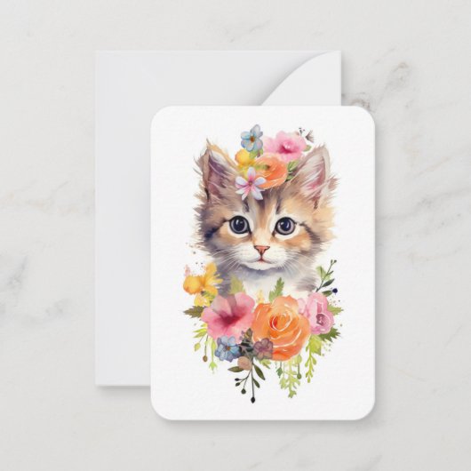 かわいい水彩画の猫と花 ノートカード (正面)