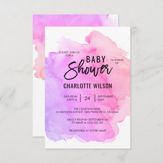 かわいい水彩画の紫色のピンクのモモの女の子のベビーシャワー 招待状 (正面/裏面)