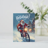 かわいい水彩画の自転車に乗ったサンタクロースのクリスマスカード シーズンポストカード (スタンド正面)