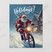 かわいい水彩画の自転車に乗ったサンタクロースのクリスマスカード シーズンポストカード (正面)