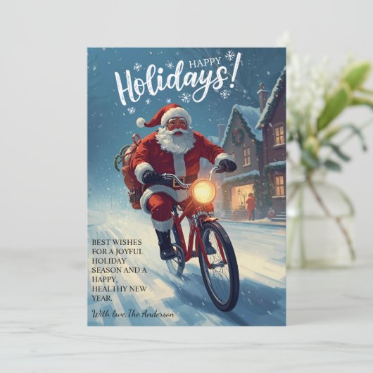 かわいい水彩画の自転車に乗ったサンタクロース クリスマス シーズンカード (スタンド正面)