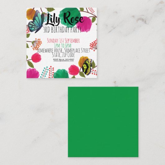かわいい水彩画の花の蝶誕生日の招待 エンクロージャーカード (正面/裏面)