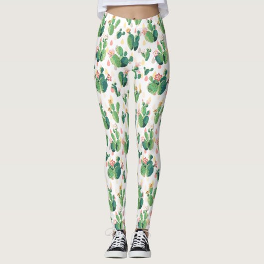 かわいい水彩画の花盛りのサボテンパターン レギンス (正面)