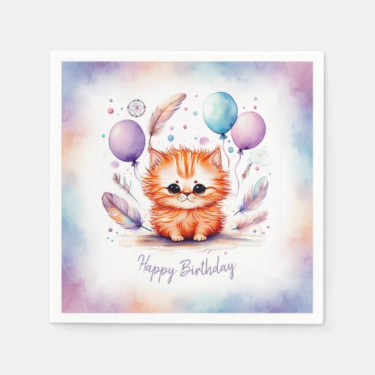 かわいい水彩画の赤い子猫風船 誕生日 スタンダードカクテルナプキン (正面)