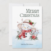 かわいい水彩画の雪だるまと花のクリスマス シーズンカード (正面)