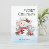 かわいい水彩画の雪だるまと花のクリスマス シーズンカード (スタンド正面)