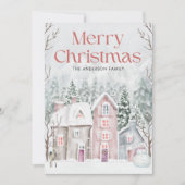 かわいい水彩画の雪の村 メリークリスマス シーズンカード (正面)