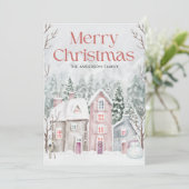 かわいい水彩画の雪の村 メリークリスマス シーズンカード (スタンド正面)