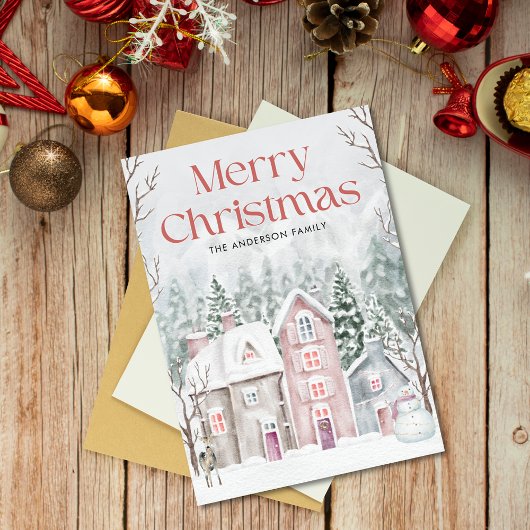 かわいい水彩画の雪の村 メリークリスマス シーズンカード