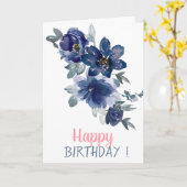 かわいい水彩画の青い花の誕生日 カード (黄色い花)