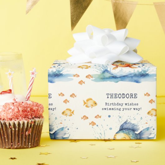 かわいい水彩画の魚の子供の誕生日ラッピングペーパー ラッピングペーパー (誕生日パーティー)