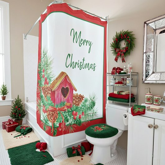 かわいい水彩画の鳥小屋　クリスマスホリデー シャワーカーテン