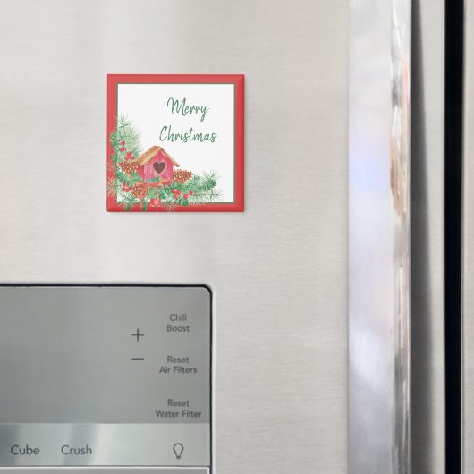 かわいい水彩画の鳥小屋 クリスマスホリデー マグネット (インサイチュ (冷蔵庫))