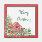 かわいい水彩画の鳥小屋 クリスマスホリデー マグネット (正面)