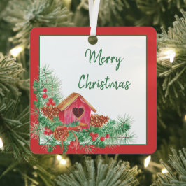 かわいい水彩画の鳥小屋 クリスマス ホリデー メタルオーナメント