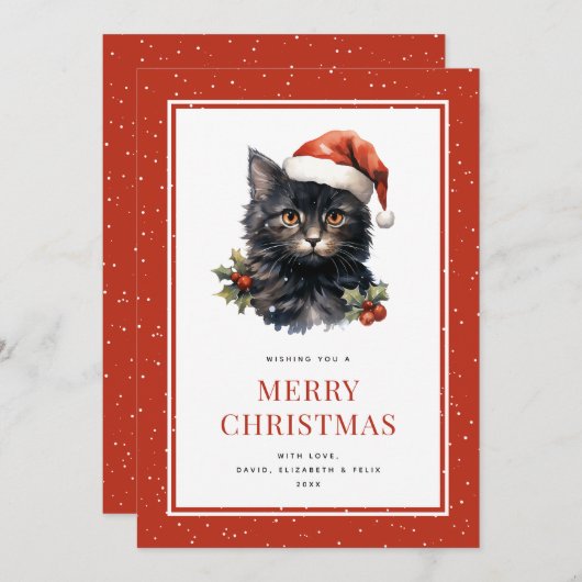 かわいい水彩画の黒猫のメリークリスマスカード シーズンカード (正面/裏面)