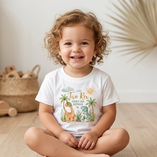 かわいい水彩画の2匹の恐竜 2歳の誕生日  ベビーTシャツ