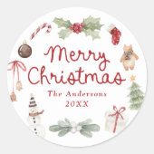 かわいい水彩画イラスト　メリークリスマス ラウンドシール (正面)