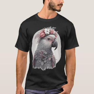 かわいい水彩画 ヨウム 花柄 クリ Tシャツ