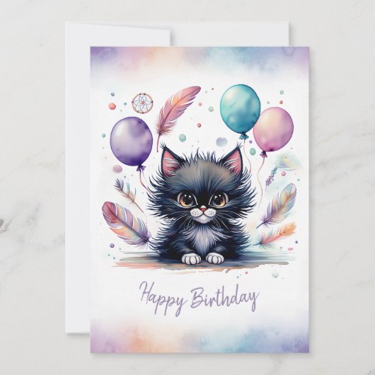 かわいい水彩画 黒猫 ハッピーバースデー シーズンカード (正面)