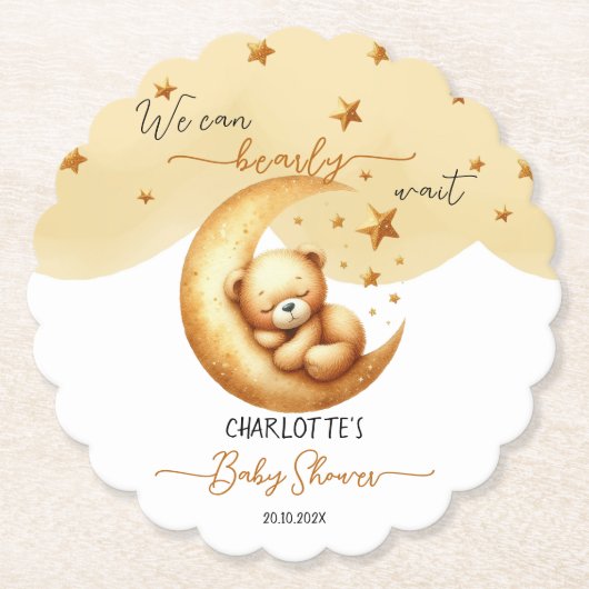 かわいい水彩眠るクマ月の赤ちゃんシャワー ペーパーコースター (正面)