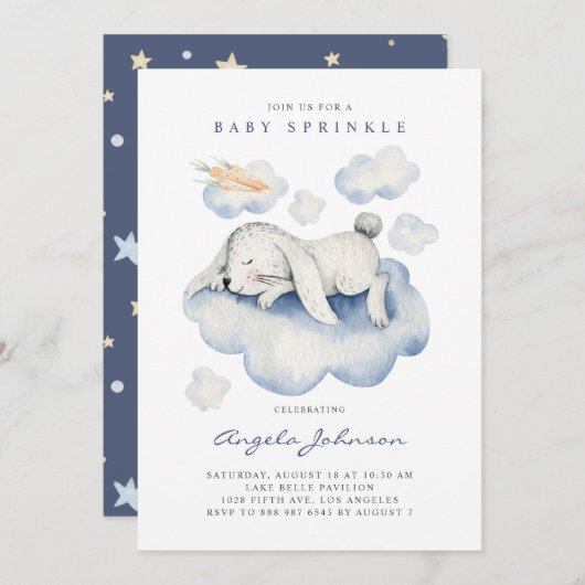 かわいい水彩眠るベビーうさぎベビー散水 招待状 (正面/裏面)