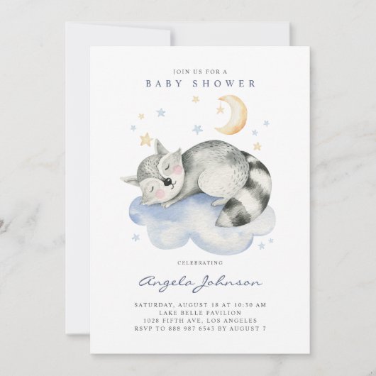 かわいい水彩眠るベビーラクーンベイビーシャワー 招待状 (正面)