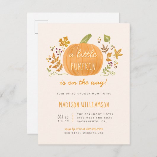 かわいい水彩秋リトルカボチャ赤ちゃんシャワー インビテーションポストカード (正面/裏面)
