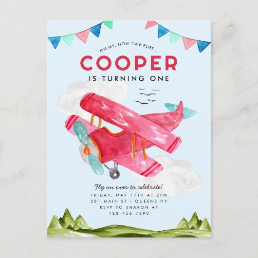 かわいい水彩航空スカイレッド飛行機誕生日 ポストカード (正面)