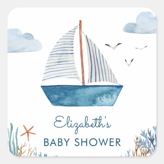 かわいい水彩船の赤航海のちゃんシャワー スクエアシール (正面)