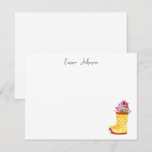 かわいい水彩花のレインブーツ ノートカード (正面/裏面)