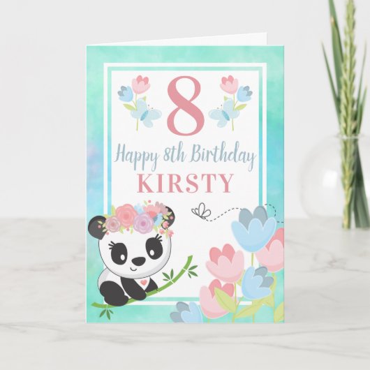 かわいい水彩花の春のパンダの子供の誕生日 カード (正面)